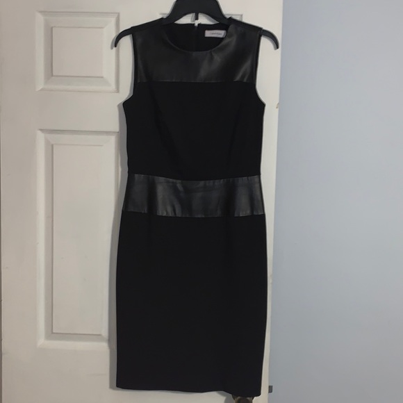 Calvin Klein Black Faux Leather Stripes Lined Sheath Dress - Picture 3 of 10